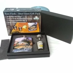 RIVERS Edge Products Bass Flask Shot Glass Stainless Steel Gift Pack NEW!